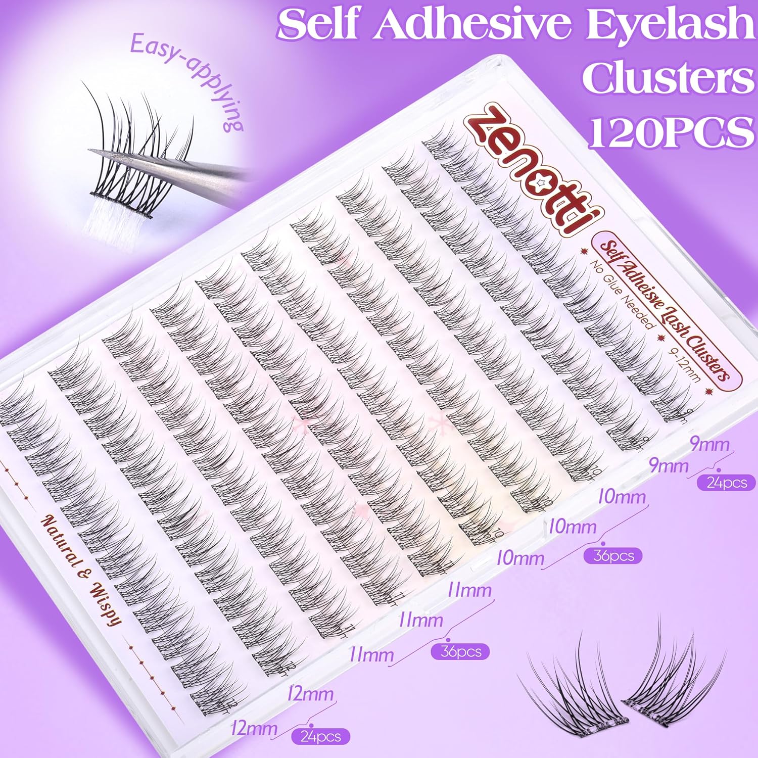 Natural Self Adhesive Clusters Lashes No Glue Self Adhesive Wispy Cluster Eyelashes Extensions Pre-glued Lashes Cluster Reusable C-Curly Individual Lashes 9-12mm Press on Lash by zenotti-FemmiqueWomen