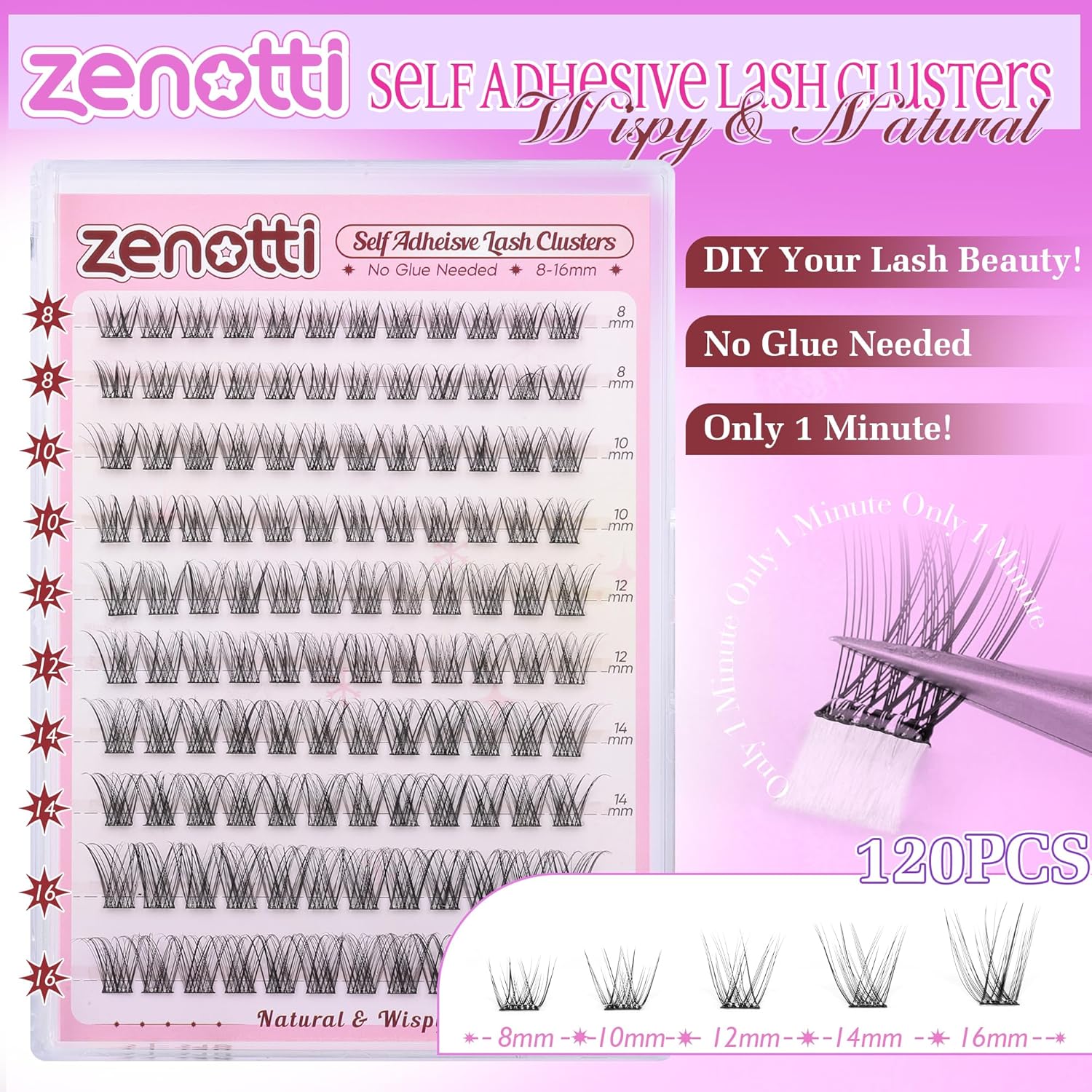 Self Adhesive Lash Clusters Natural No Glue Eyelashes Clusters Wispy Cluster Eyelash Extensions Pre Glued Lash Extensions 120pcs Press on Individual Lashes 8mm-16mm by zenotti-FemmiqueWomen