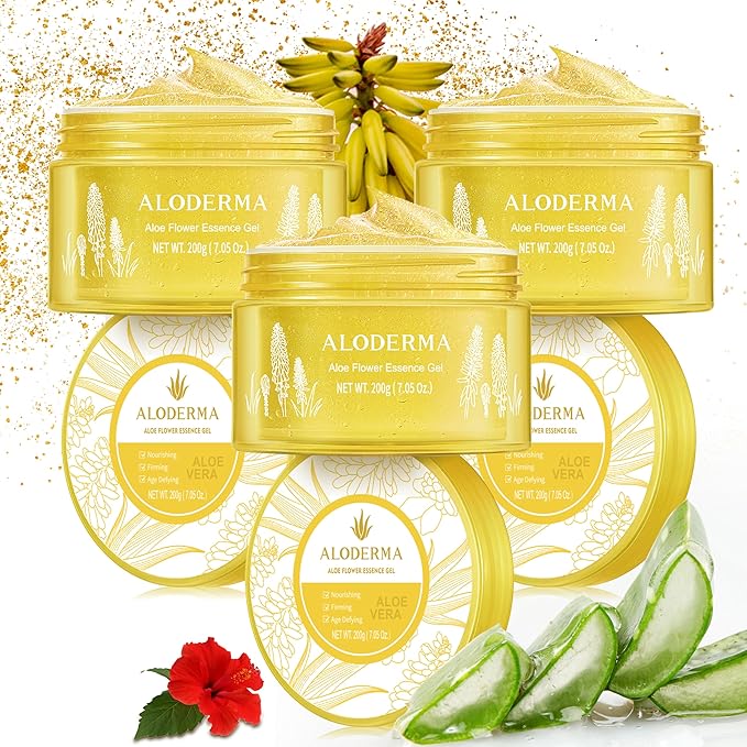 Aloderma Age-Defying Aloe Flower Essence Gel with 24K Gold Leaf, Made within 12 Hours of Harvest - Luxurious Aloe Gel with Allantoin & Hyaluronic Acid for a Shimmering, Youthful Complexion, 7oz 3-Pack-FemmiqueWomen
