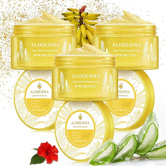 Aloderma Age-Defying Aloe Flower Essence Gel with 24K Gold Leaf, Made within 12 Hours of Harvest - Luxurious Aloe Gel with Allantoin & Hyaluronic Acid for a Shimmering, Youthful Complexion, 7oz 3-Pack-FemmiqueWomen