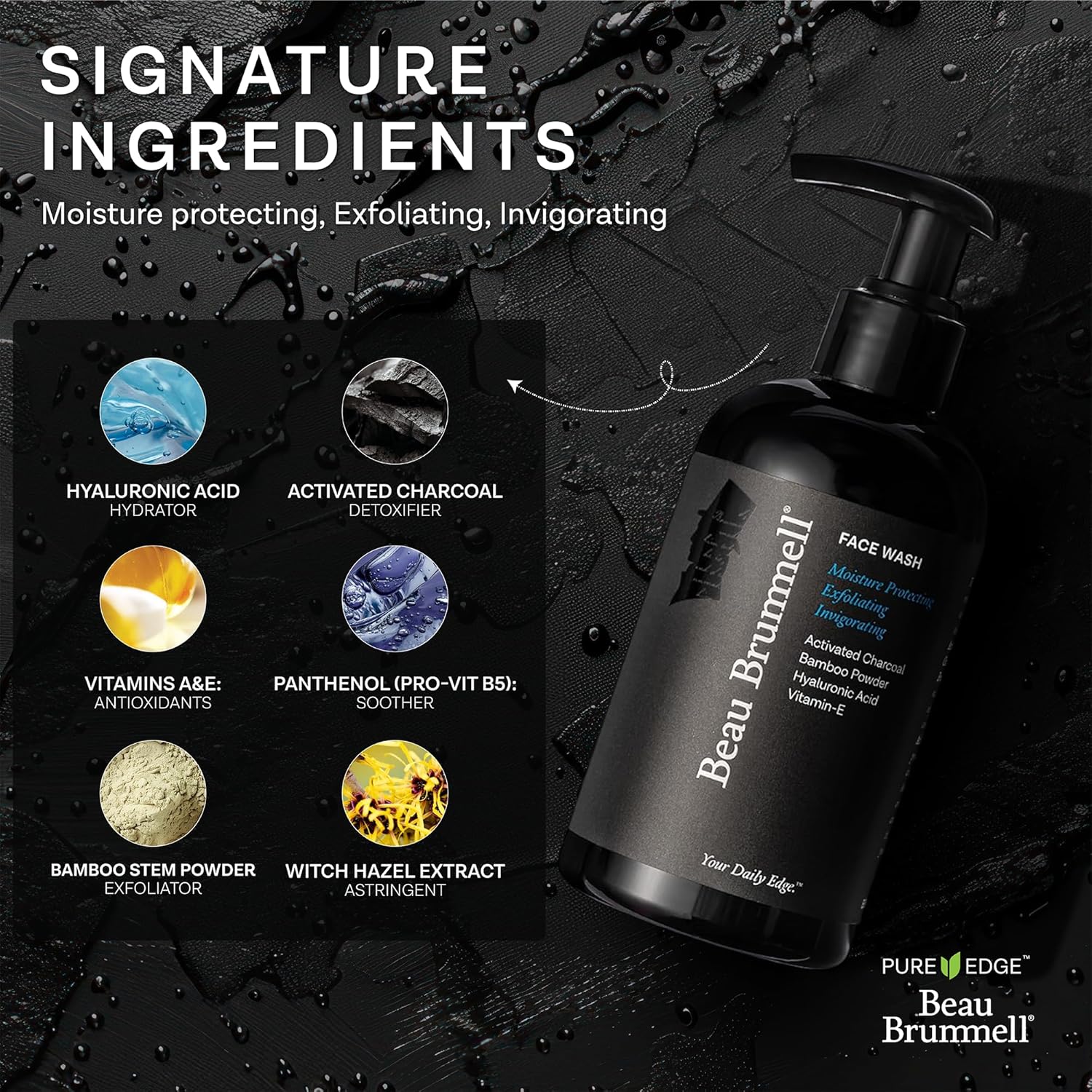 Beau Brummell for Men's Activated Charcoal Face Wash | Gentle Exfoliating Cleanser with Hyaluronic Acid, Bamboo Powder, Marine Plankton Extract, Vitamins A & E | 8 fl oz, Made in USA-FemmiqueWomen