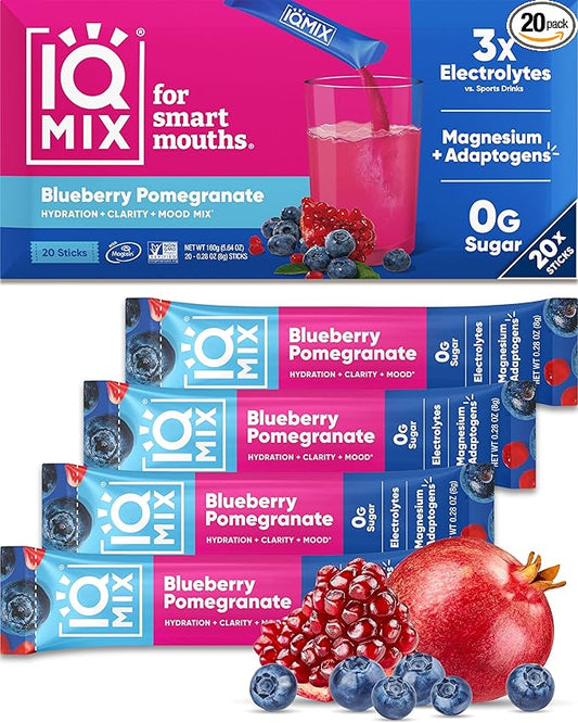 IQMIX Hydration Electrolyte Powder – 4-in-1 Formula for Hydration, Mental Clarity, Mood and Recovery – Sugar-Free Drink Mix, Keto, Magnesium L-Threonate, Lion’s Mane – 20 Count Blueberry Pomegranate-FemmiqueWomen