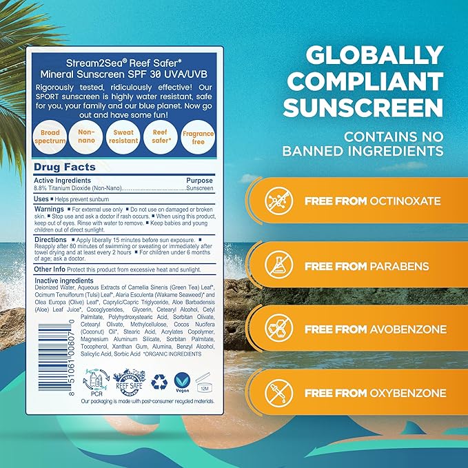 STREAM 2 SEA SPF 30 Biodegradable Mineral Sunscreen, 3 Fl oz Non-Greasy and Moisturizing Reef Safe Sunscreen For Face Protection and Body Against UVA and UVB-FemmiqueWomen