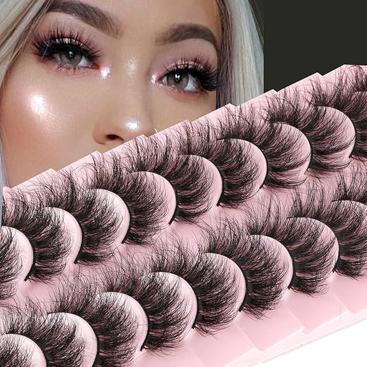 FANXITON Mink Lashes False Eyelashes Dramatic Full Mink Lashes Wispy 19 MM Natural Look 3D Fake Eyelashes 10 Pairs Pack-FemmiqueWomen