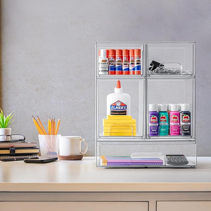 Sorbus Acrylic Storage Containers - 5 Pack, Stackable Storage Bins Set for Bathroom Organization - Clear Acrylic Drawer Organizers - Makeup Case Pull-Out Drawers (7.6’’ and 4.4’’ Tall and 12.1’’ Wide)-FemmiqueWomen