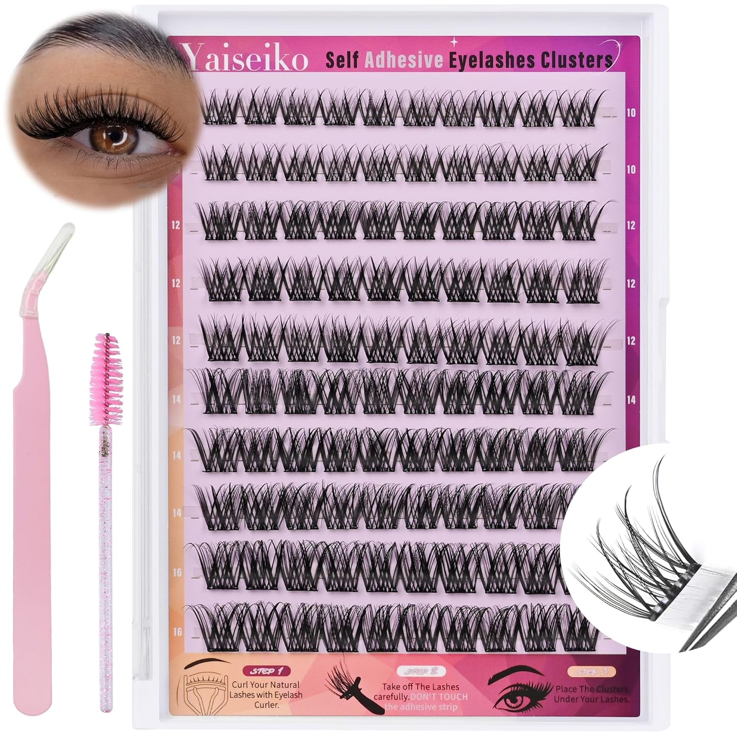Self Adhesive Eyelashes Clusters Wispy Eyelash Extension Self Adhesive Eyelashes Reusable Press on Lashes No Glue Needed lash Clusters 10-16mm D Curl Individual Lashes Extensions with Tweezers-FemmiqueWomen