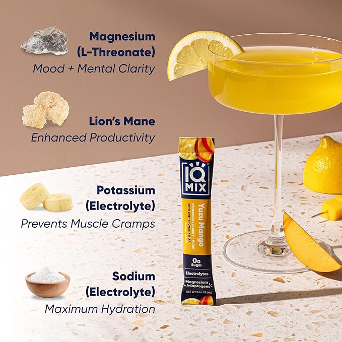 IQMIX x Chef Thomas Keller - Hydration Electrolyte Powder – 4-in-1 Formula for Hydration, Mental Clarity, Mood and Recovery – Sugar-Free, Keto, Magnesium L-Threonate, Lion’s Mane – 20 Count Yuzu Mango-FemmiqueWomen