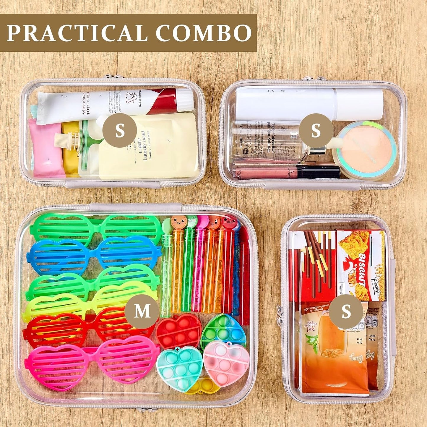 4 pcs Clear Zipper Pouches,Hard Shell Zipper Case, Toiletry Bag for Travel, CLear Diaper Bag, Toiletry Pouch, Travel Organizer, Clear Cosmetic Bag,Toy Storage Bins (M+3S) (Gray)-FemmiqueWomen