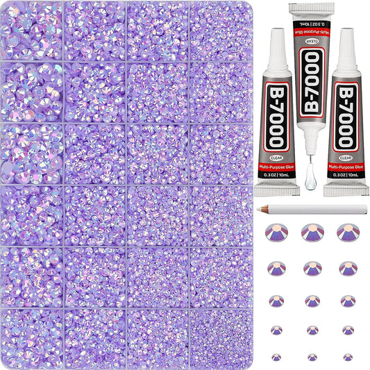 30000Pcs Resin Jelly Rhinestones Set for Crafting Bedazzling, Light Purple AB Flatback Gems Jewels for Crafts Clothes Shoes Fabric Outfit Nails Makeup, Flat Back Lavender Crystal 2-6mm with b7000 Glue-FemmiqueWomen