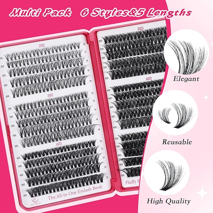 Lash Clusters 600PCS - Eyelash Clusters 20D+30D+40D+50D+60D+80D Wispy Individual Lashes D Curl Lash Extension 10-18MM Natural Lash Clusters DIY Cluster Eyelash Extensions for Beginners-FemmiqueWomen