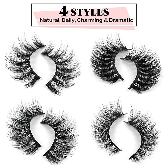 JIMIRE 20 Pairs False Eyelashes 4 Styles Mink Eyelashes Fluffy Pack 3D Volume Faux Mink Cat Eye Lashes Pack-FemmiqueWomen