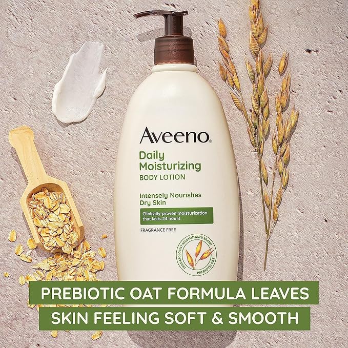 Aveeno Daily Moisturizing Body Lotion for Dry Skin with Prebiotic Oat, Fragrance & Paraben Free, Non-Greasy, Non-Comedogenic, for Sensitive Skin & 72-Hour Moisturizer 18 Fl Oz-FemmiqueWomen