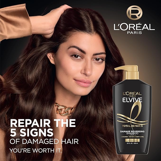 L'Oreal Paris Elvive Total Repair 5 Repairing Shampoo and Conditioner for Damaged Hair, 28 Ounce (Set of 2)(Packaging May Vary)-FemmiqueWomen
