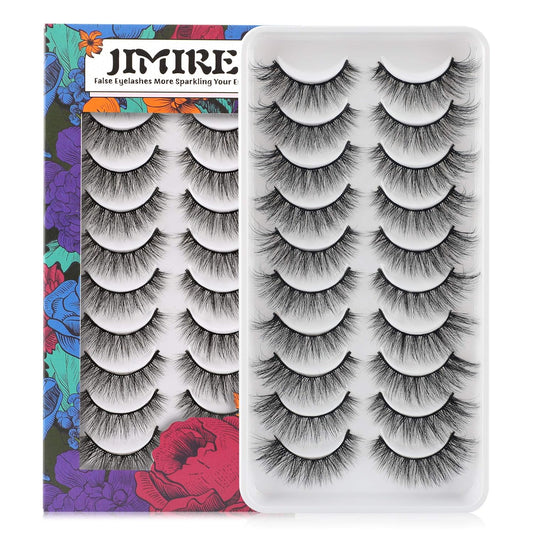 JIMIRE Fake Eyelashes Natural Look Fluffy Wispy False Lashes Cat-Eye Lashes with Thin Band Lightweight Fake Lashes 10 Pairs Pack-FemmiqueWomen