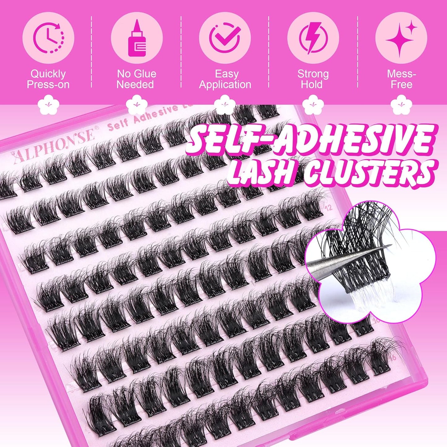 ALPHONSE Self Adhesive Lash Clusters Reusable Self Adhesive Eyelashes Fluffier Press on Lashes Extension No Glue Needed 10-16mm Glueless Lashes Clusters with Tweezers-FemmiqueWomen