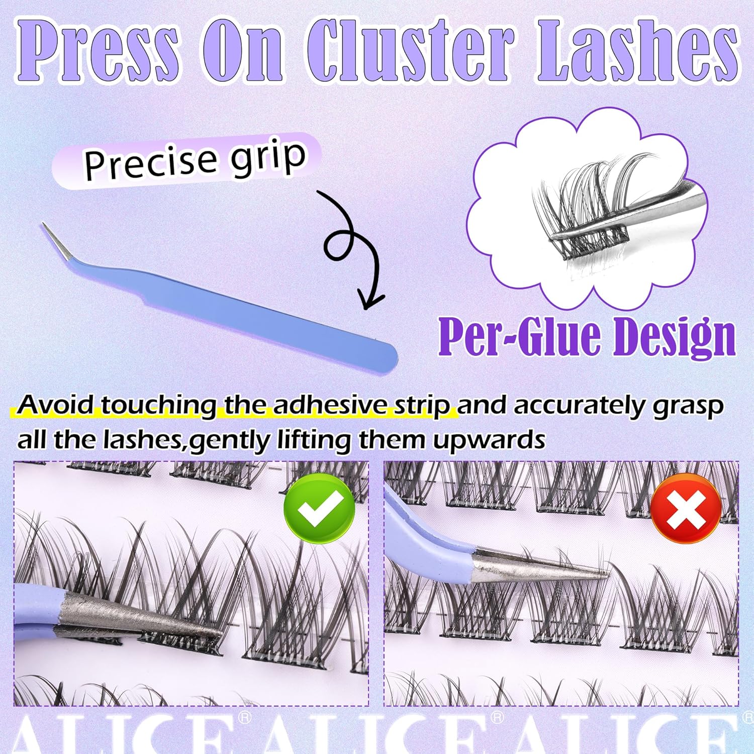 ALICE Self Adhesive Lashes Natural Look Clusters No Glue Needed Wispy Reusable Press on Lashes Pre-Glue 8-14mm 120pcs C Curl With Lash Tweezers-FemmiqueWomen