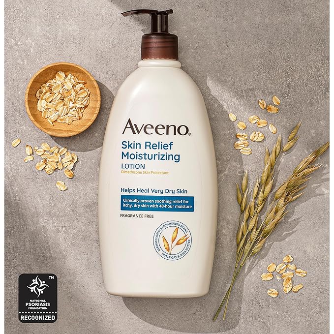 Aveeno Skin Relief Fragrance-Free Moisturizing Lotion for Sensitive Skin, with Natural Shea Butter & Triple Oat Complex, Unscented Therapeutic Body Lotion for Itchy, Extra-Dry Skin, 18 fl. oz-FemmiqueWomen