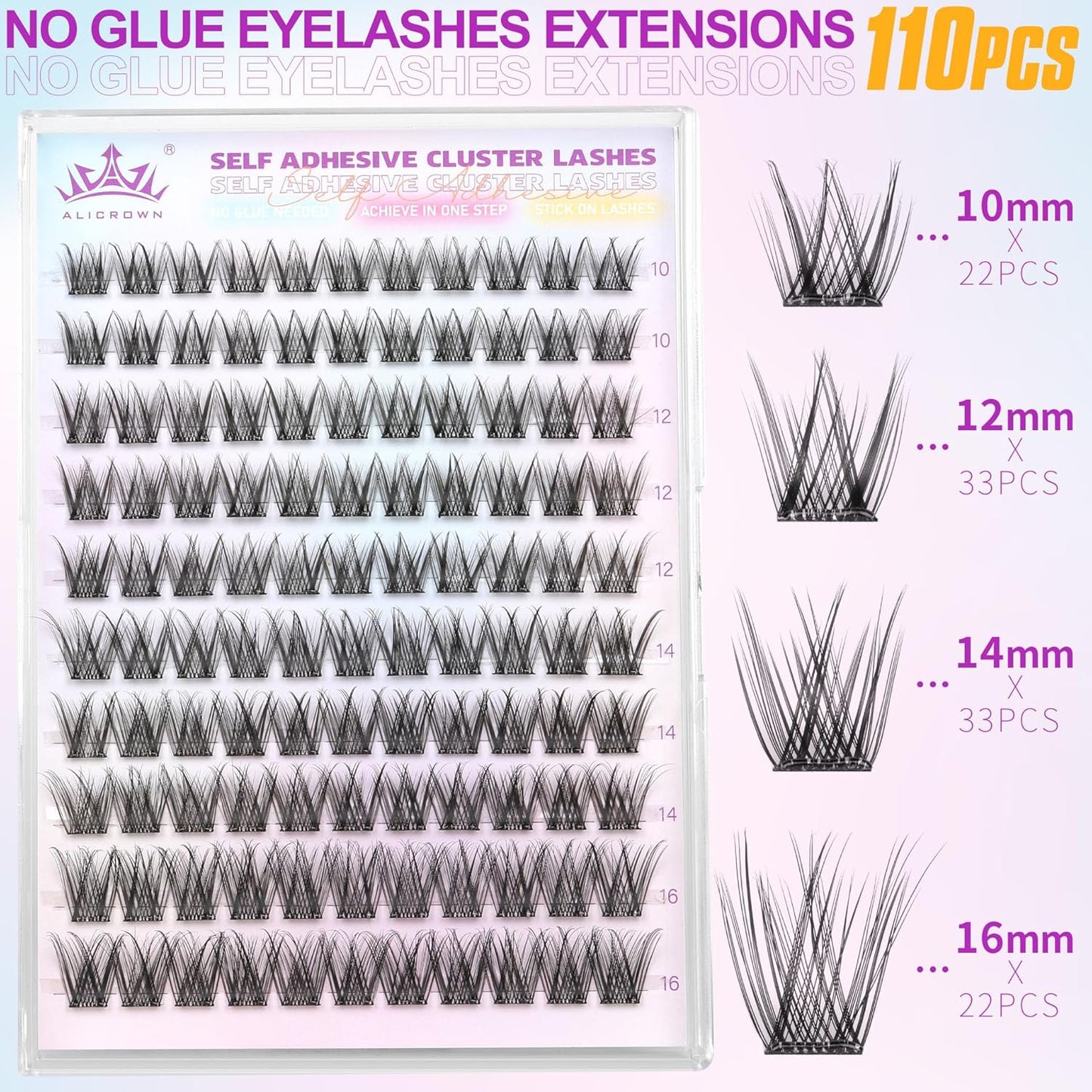 Self Adhesive Eyelashes No Glue Self Adhesive Lash Clusters Pre Glued Eyelashes Clusters Natural Wispy Glueless Eyelash Extensions Reusable DIY Lash Extensions (110Pcs, 10mm-16mm)-FemmiqueWomen
