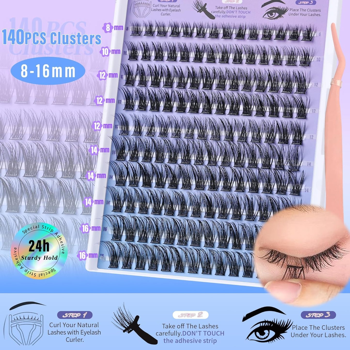 Self Adhesive Eyelashes Clusters Press on Lash Clusters Wispy Lash Extensions No Glue Needed Lashes Clusters Natural Cluster Eyelash Extensions Kit with Tweezers (8-16mm,C Curl)-FemmiqueWomen