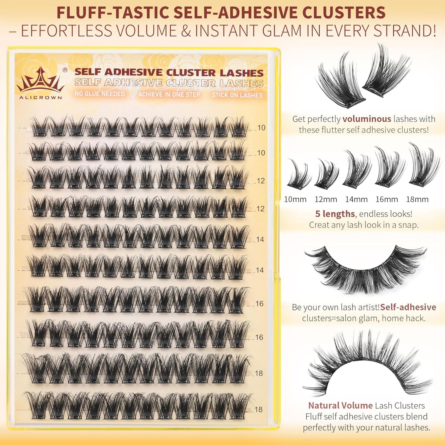 Self Adhesive Lash Clusters Natural No Glue Eyelashes Pre-glued Cluster Eyelash Extensions Wispy Reusable Self Adhesive Eyelash Clusters 120Pcs 10MM-18MM-FemmiqueWomen