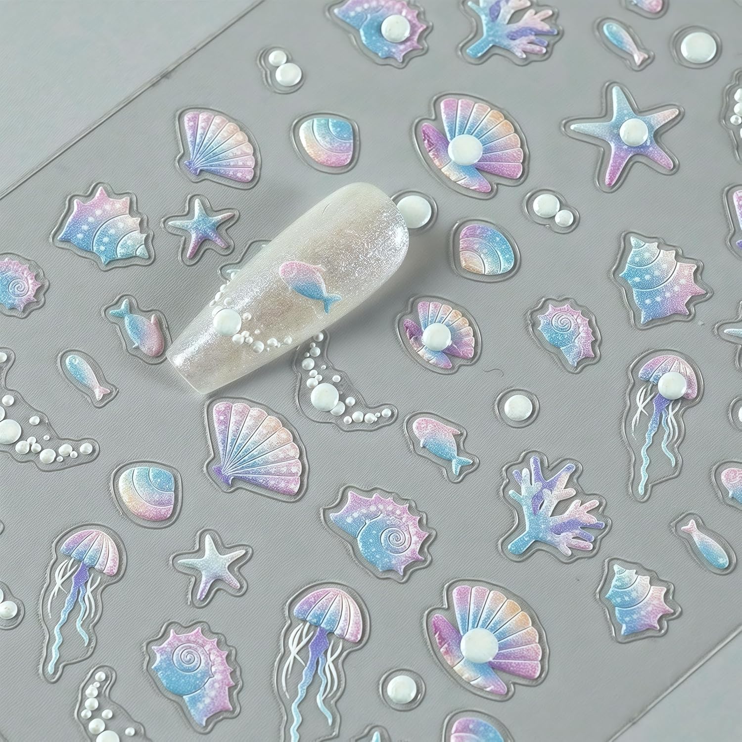 1 Sheets Embossed Shell Starfish Nail Art Stickers 5D Self Adhesive Summer Marine Life Fishtail Pearl Decals for Women Girls Manicure DIY Decorations Exquisite Cardboard Set-FemmiqueWomen