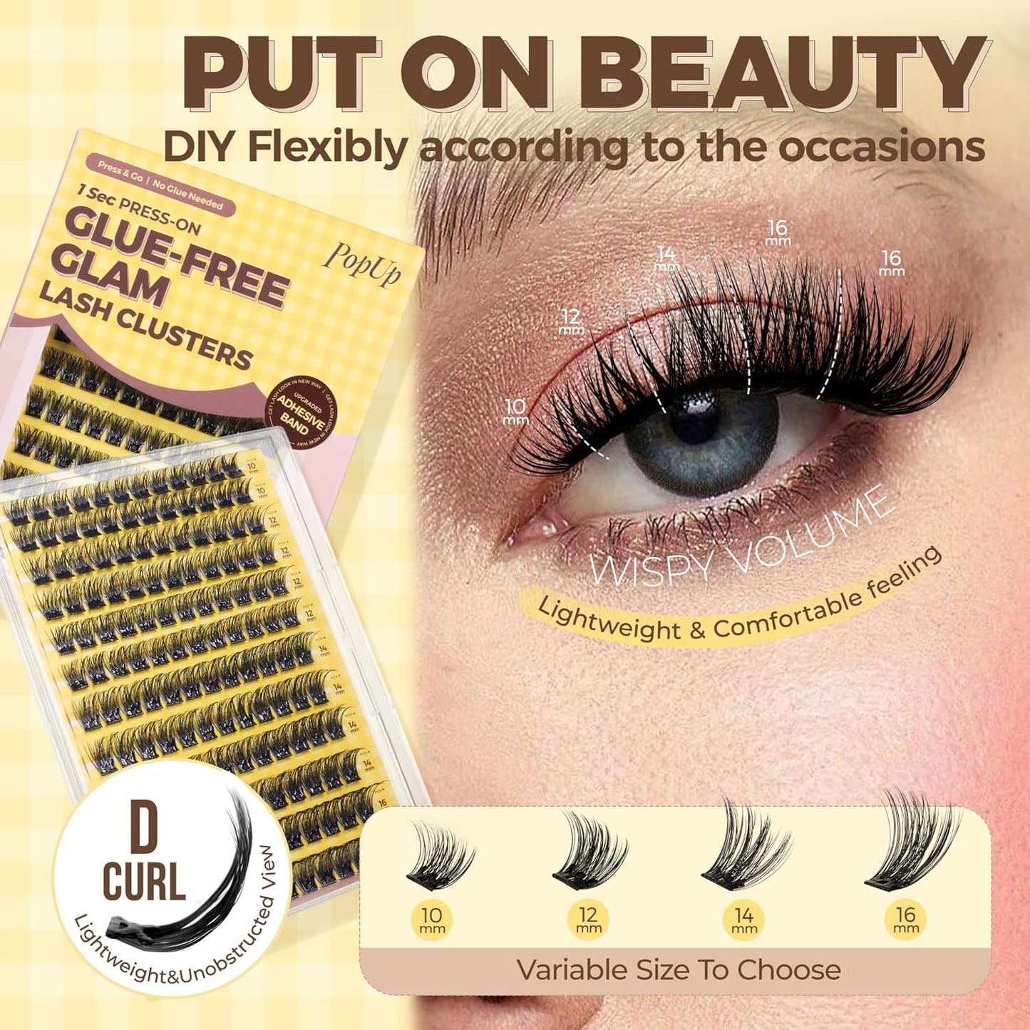 PopUp Self Adhesive Eyelashes Clusters, Press On Lashes Pre Glued Eyelash Extension Kit with Lash Tweezer,10-16mm No Glue No Remover Needed Self Adhesive Lashes Clusters ZNF23-D-FemmiqueWomen