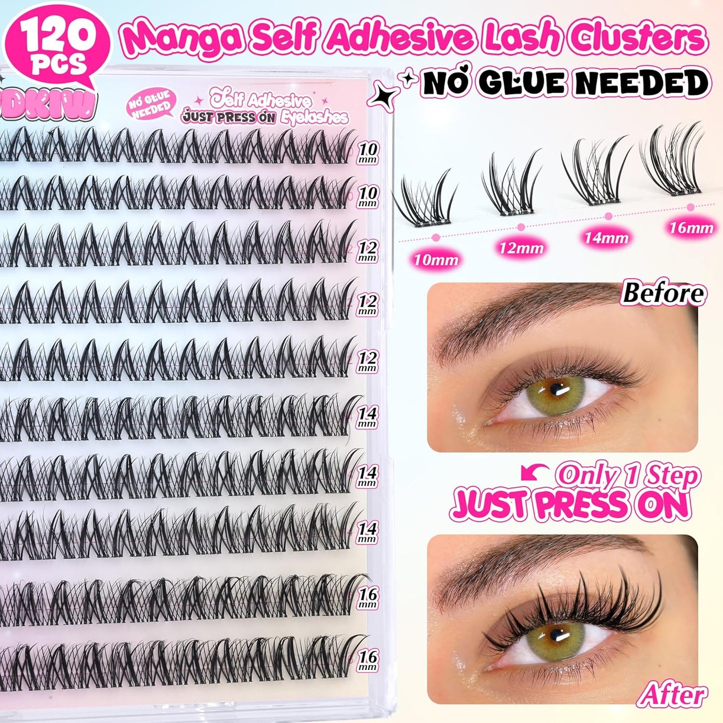 Self Adhesive Eyelashes Manga Self Adhesive Lash Clusters Natural Pre Glued Eyelashes Clusters Wispy Press on Lashes No Glue Needed C Curl Cluster Eyelash Extensions Reusable 10-16mm-FemmiqueWomen