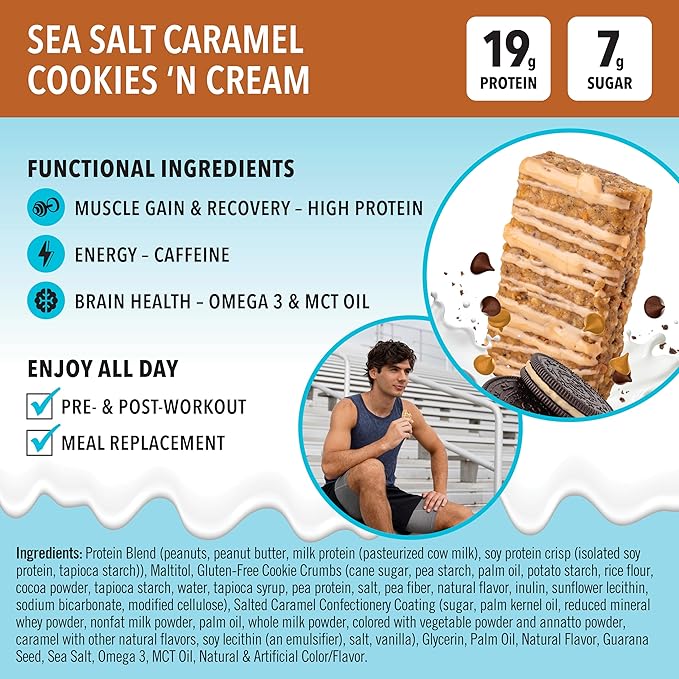 JiMMYBAR! - Sea Salt Caramel Cookies N' Cream - 19g High Protein Bars - 7g Sugar - 12 Count - 58g Health Bars - Natural Peanut Butter Core - Caffeinated Protein Bar For Energy- Hand Drizzled Chocolate-FemmiqueWomen
