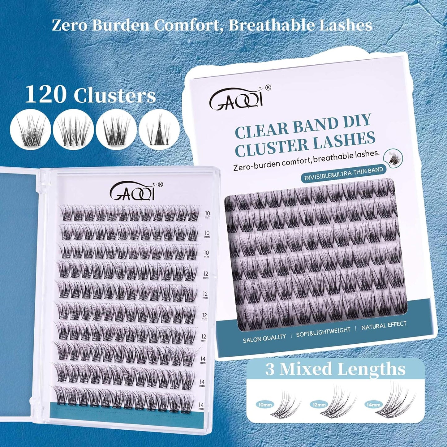 GAQQI Lash Clusters Natural Eyelash Clusters Invisible Band, 10-14mm Individual Lashes 120PCS, Cluster Eyelash Extensions C Curl, Wispy Cluster Lashes Ultra-thin & Soft Clear Band (MUSE)-FemmiqueWomen