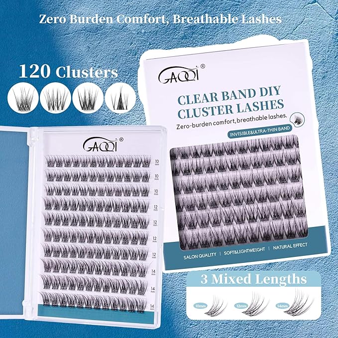 GAQQI Lash Clusters Wispy & Natural Eyelash Clusters Clear Band, 10-14mm Cluster Lashes 120PCS, Cluster Eyelash Extensions C Curl, Cluster Lashes Ultra-thin & Soft Invisivle Band (FEATHER)-FemmiqueWomen