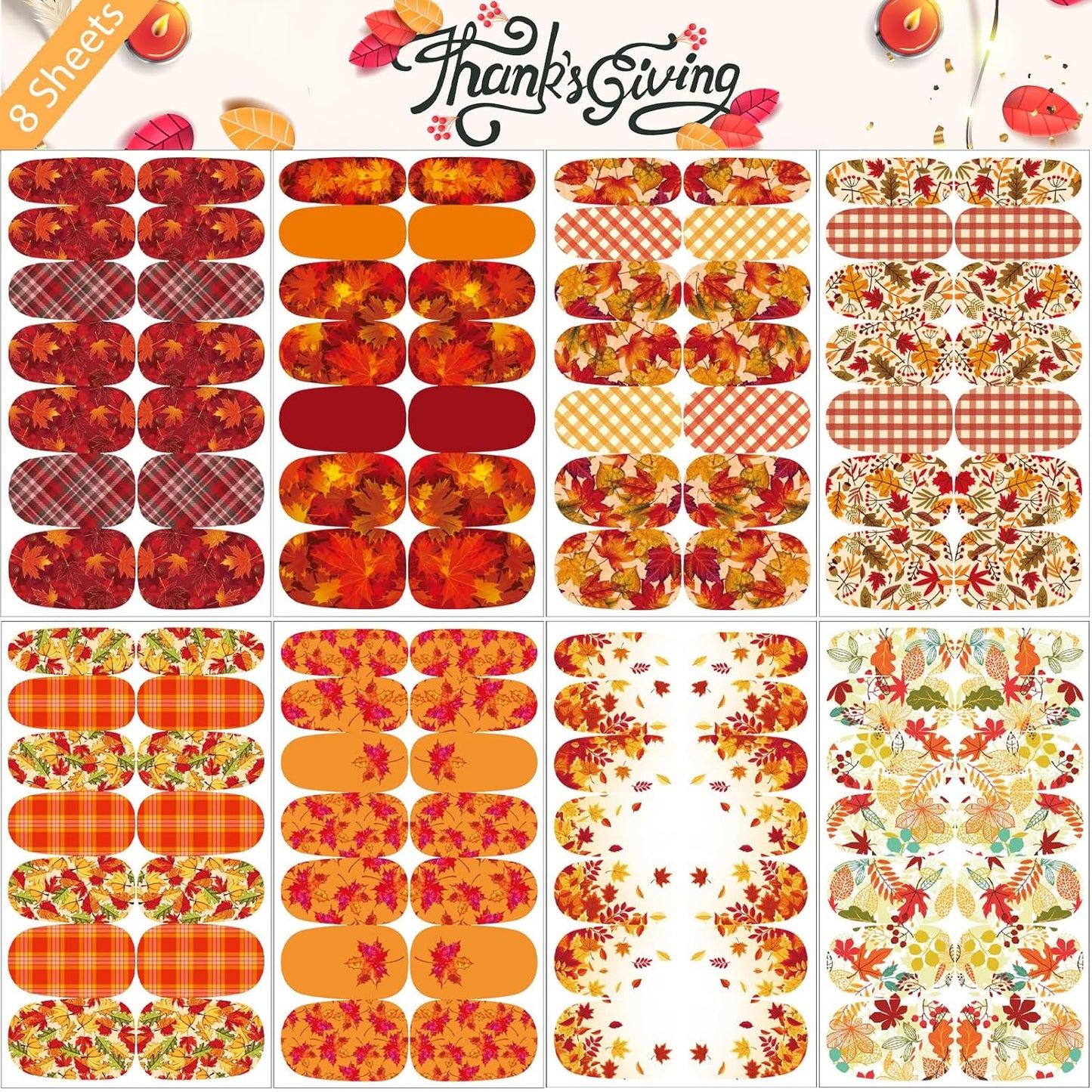 16 Sheets Holiday Nail Wraps Stickers, Halloween&Thanksgiving Day All Seasonal Full Nail Polish Strips, DIY Self-Adhesive Fall Winter Nail Art Decals with 2 Piece Nail Files for Party Decor (224 Pcs)-FemmiqueWomen