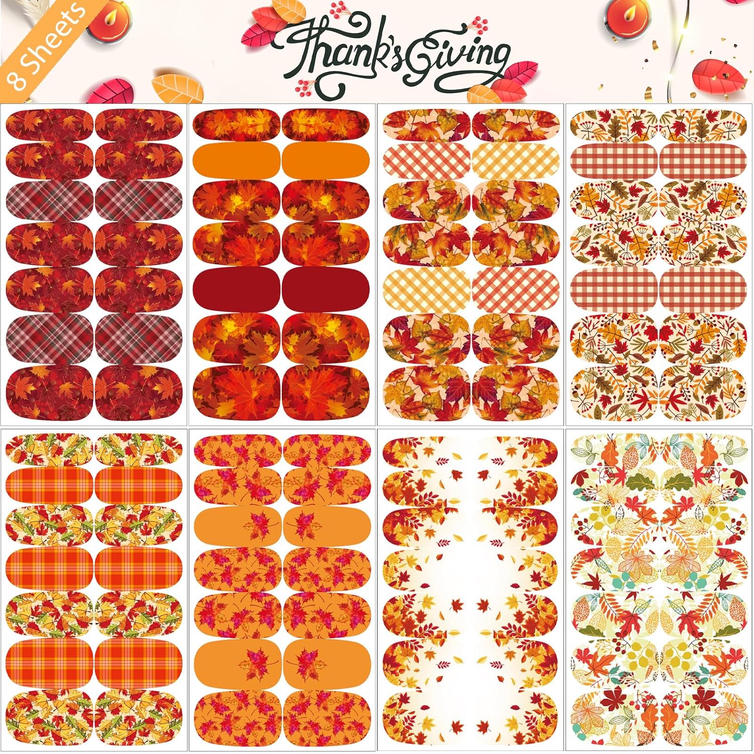 16 Sheets Holiday Nail Wraps Stickers, Halloween&Thanksgiving Day All Seasonal Full Nail Polish Strips, DIY Self-Adhesive Fall Winter Nail Art Decals with 2 Piece Nail Files for Party Decor (224 Pcs)-FemmiqueWomen