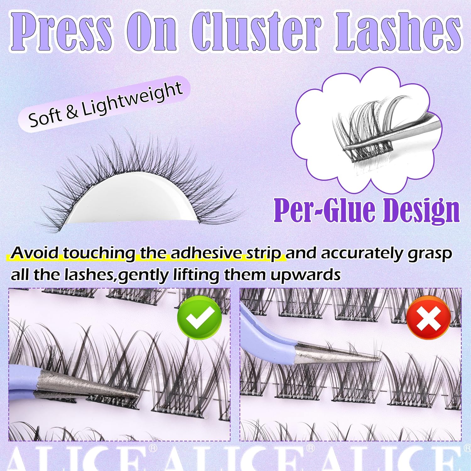 ALICE Self Adhesive Lashes Natural Look Self Adhesive Lash Clusters Wispy Reusable Press on Lashes Pre-Glue 8-14mm 120pcs C-Curly No Glue Needed Eyelashes-FemmiqueWomen