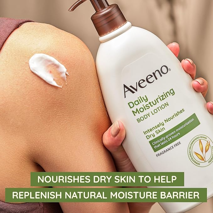 Aveeno Daily Moisturizing Body Lotion with Soothing Prebiotic Oat, Gentle Lotion Nourishes Dry Skin With Moisture, Paraben-, Dye- & Fragrance-Free, Non-Greasy & Non-Comedogenic, 12 fl. Oz-FemmiqueWomen