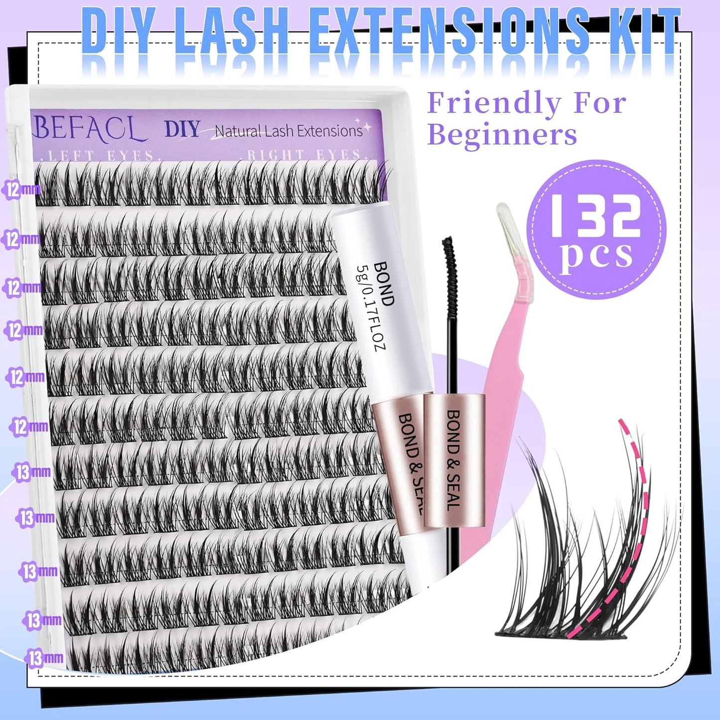 Natural Lash Clusters Wispy Cluster Eyelash Extensions Waterproof Individual Lashes 12&13mm Short Eyelash Clusters Manga Lashes Clusters Kit(132Pcs,C Curl)-FemmiqueWomen
