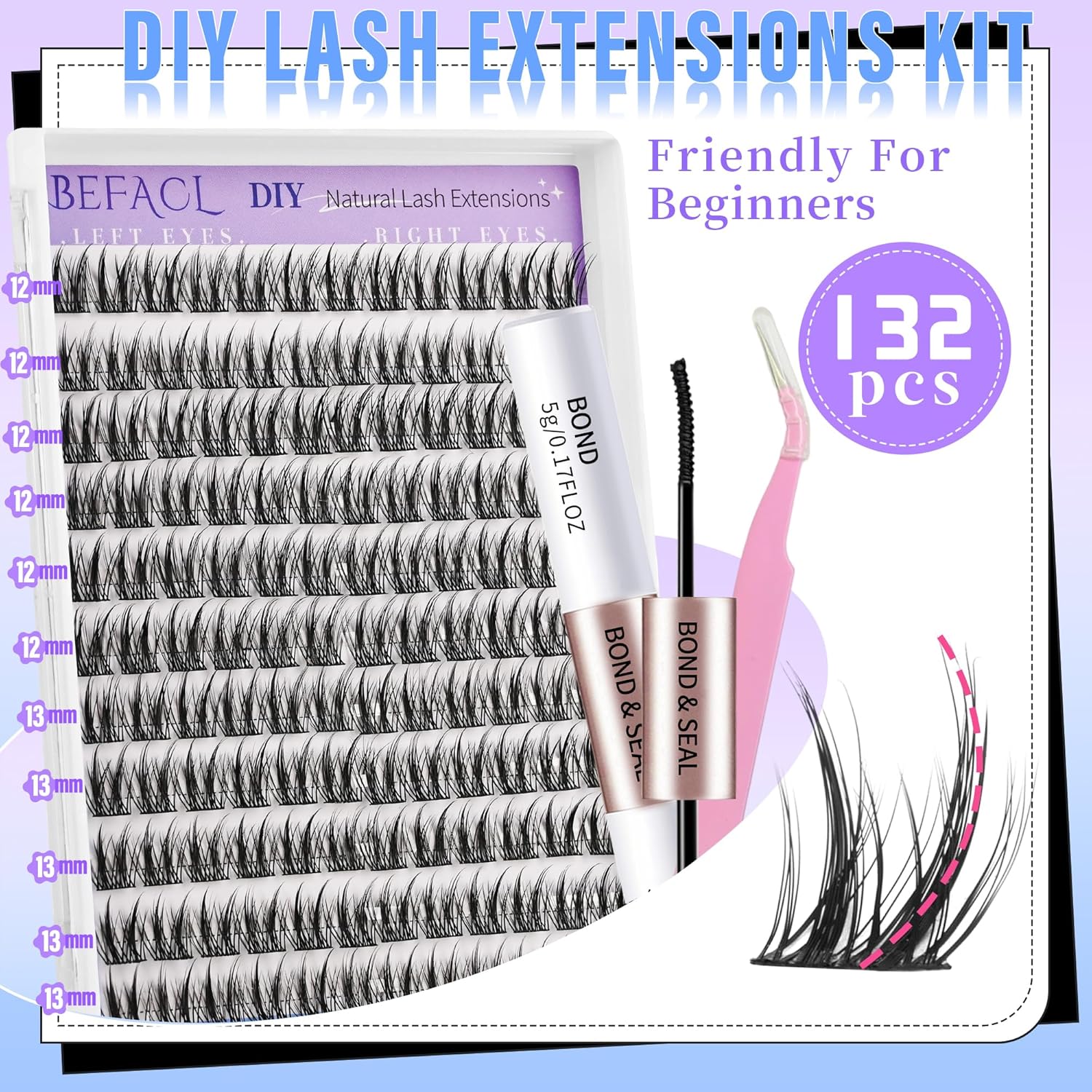 Natural Lash Clusters Wispy Cluster Eyelash Extensions Waterproof Individual Lashes 12&13mm Short Eyelash Clusters Manga Lashes Clusters Kit(132Pcs,C Curl)-FemmiqueWomen