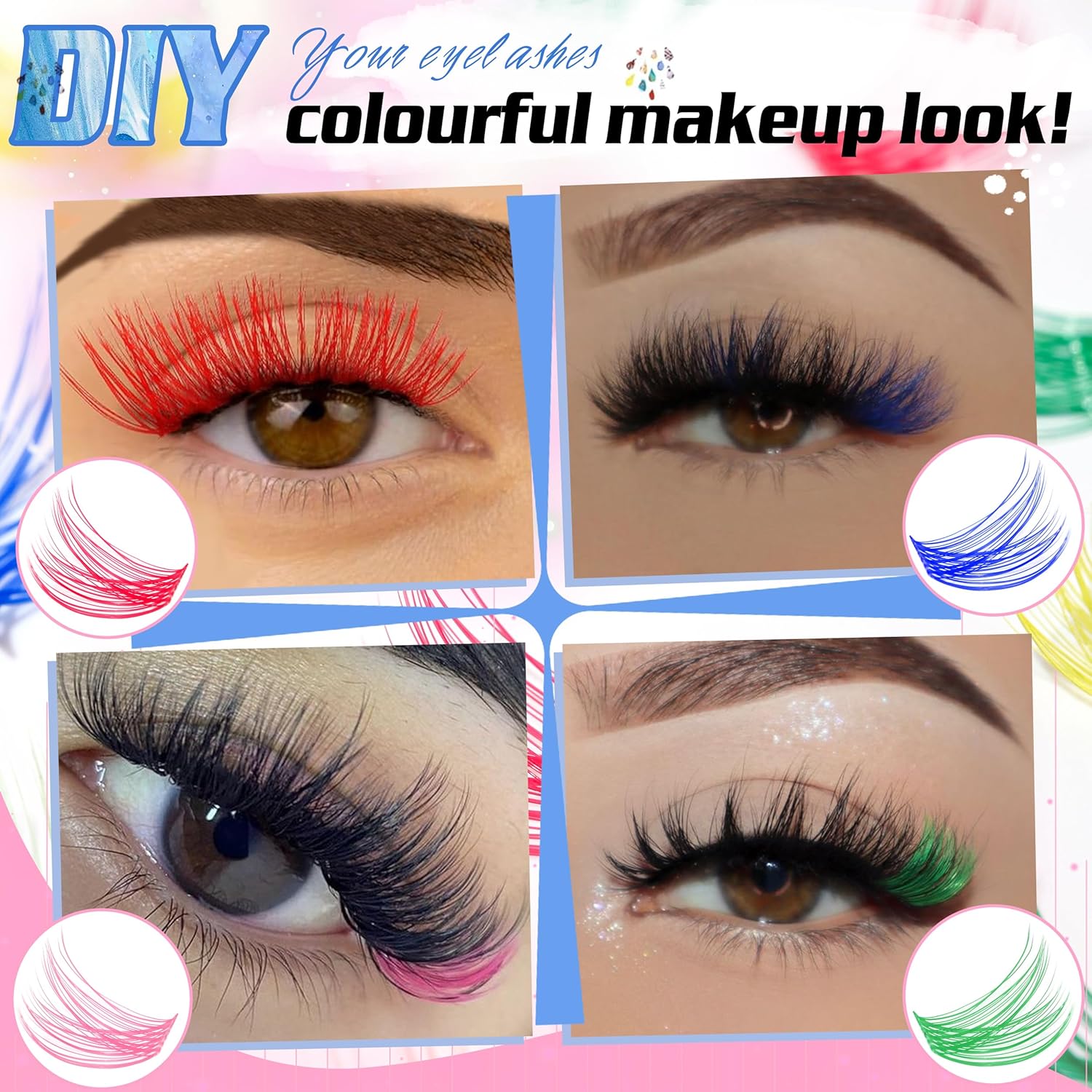Wispy Colored Lash Clusters with Bottom Lashes Individual Lashes D Curl 8-16mm Mixed 7 Colors Rainbow DIY Eyelash Extension Colorful Cluster Lashes Pack by Yaiseiko-FemmiqueWomen