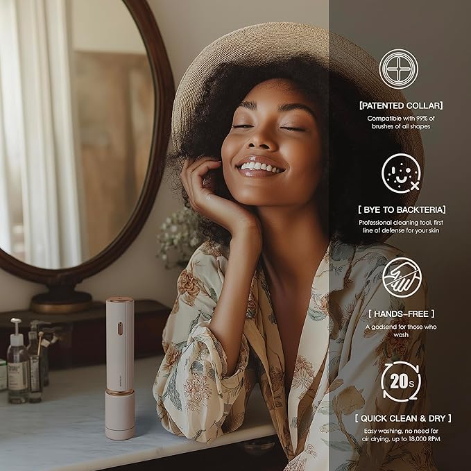 Electric Makeup Brush Cleaner & Dryer Machine, Upgraded Patented Universal Collar Fits 99% of Brush Shapes, Deep Clean & Quick Dry, Rechargeable & Portable for Travel & Home Use, Gift-FemmiqueWomen