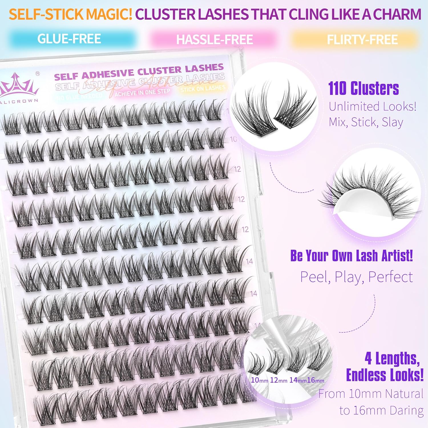Self Adhesive Eyelashes No Glue Self Adhesive Lash Clusters Pre Glued Eyelashes Clusters Natural Wispy Glueless Eyelash Extensions Reusable DIY Lash Extensions (110Pcs, 10mm-16mm)-FemmiqueWomen