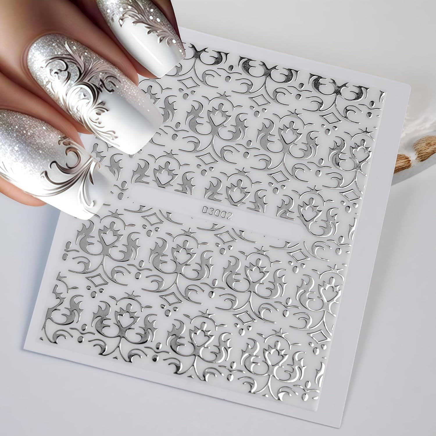 30 Sheets Silver Lace Nail Art Stickers 3D Self-Adhesive Silver Hollow Retro Floral Vine Design Decals for Women Spring Summer Manicure Slider Decorations-FemmiqueWomen
