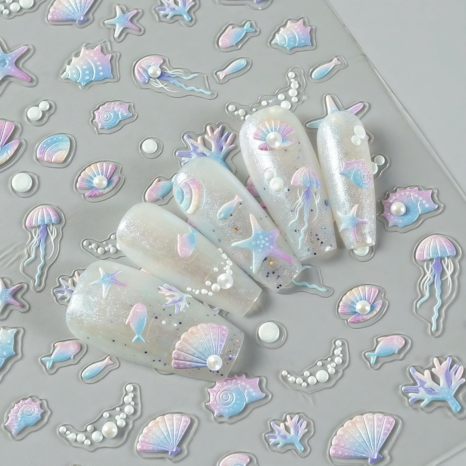 1 Sheets Embossed Shell Starfish Nail Art Stickers 5D Self Adhesive Summer Marine Life Fishtail Pearl Decals for Women Girls Manicure DIY Decorations Exquisite Cardboard Set-FemmiqueWomen