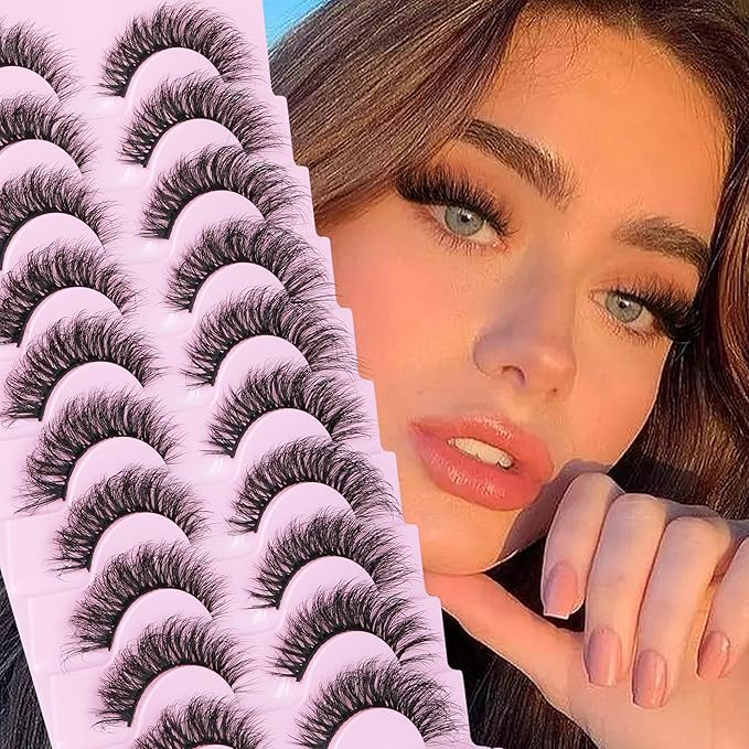 Mink Lashes 10 Pairs False Eyelashes D Lashes Natural Cat Eye Volume Faux Mink Lashes Wispy 18 mm 5D Thick Soft Eyelashes Pack by FANXITON-FemmiqueWomen
