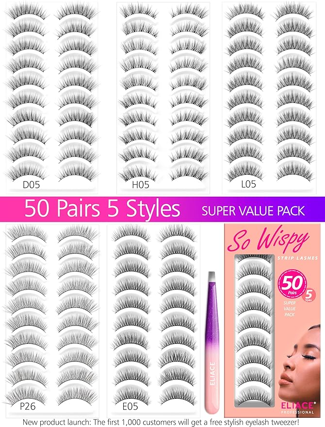 Eliace Luxurious 50 Pairs 5 Styles Cat Eye Lashes Wispy False Eyelashes Natural look 3D Mink Lashes Fake Eyelashes Kit, Thin Soft Band Comfortable Fluffy Volume Cross Strip Lash, with Lash Tweezers-FemmiqueWomen