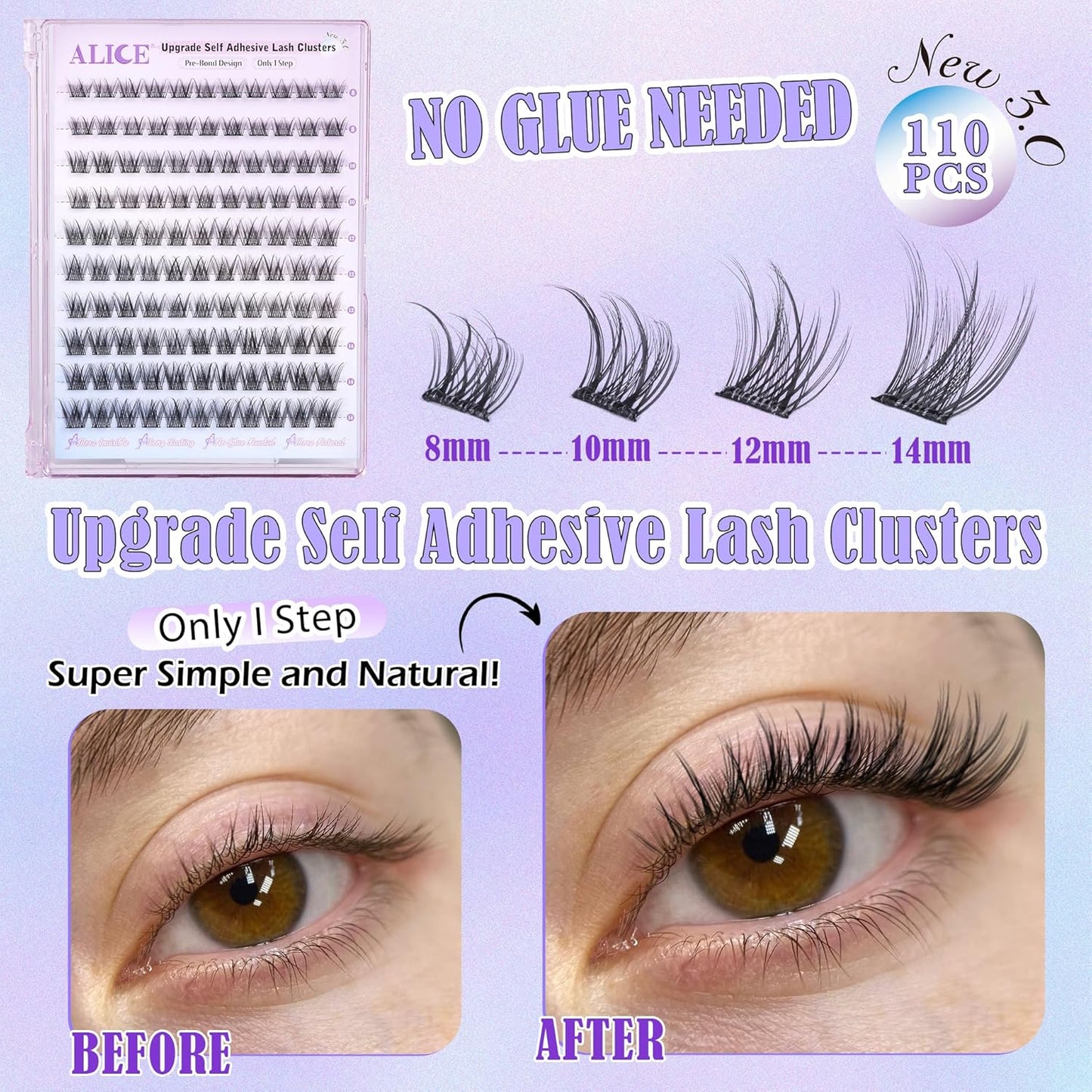 ALICE Self Adhesive Lashes Natural Look Clusters No Glue Needed Wispy Reusable Press on Lashes Pre-Glue 8-14mm 120pcs C Curl With Lash Tweezers-FemmiqueWomen