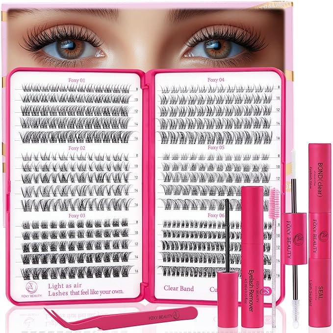 Nova Lash Clusters Kit - 360 pcs Lash Clusters Natural Look Invisible Band Eyelash Clusters Lash Extension Kit with Bond and Seal 0.07D D Curl WideSpan Cluster Eyelash Extension Kit 8-16mm DIY at Home-FemmiqueWomen