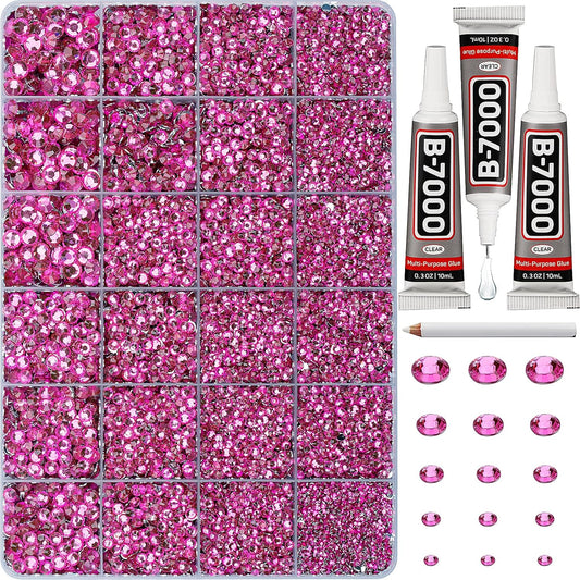 30000Pcs Resin Rhinestones Set for Crafting Bedazzling, Hot Pink Flatback Gems Jewels Crystals for Crafts Clothes Shoes Fabric Shirts Tumblers Cups, Flat Back Bedazzler Kit with b 7000 Glue-FemmiqueWomen
