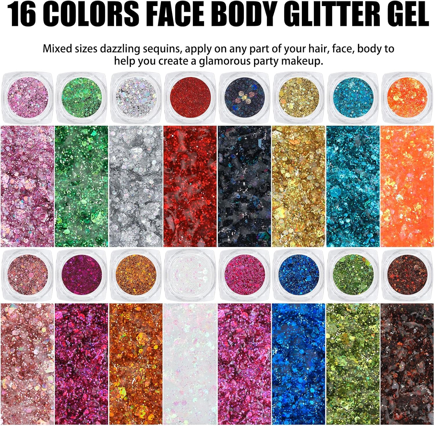 16 Colors Chunky Fine Mixed Holographic Glitter Gel Set for Face and Body Makeup Festival Party Sparkle Glitter Gel Decoration Rave Accessories-FemmiqueWomen