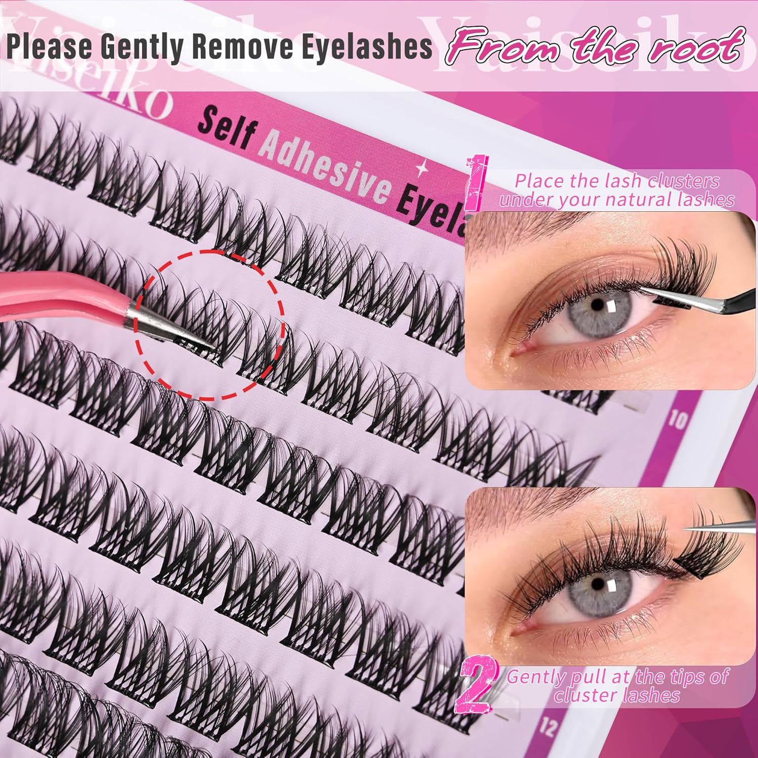 Self Adhesive Eyelashes Clusters Wispy Eyelash Extension Self Adhesive Eyelashes Reusable Press on Lashes No Glue Needed lash Clusters 10-16mm D Curl Individual Lashes Extensions with Tweezers-FemmiqueWomen