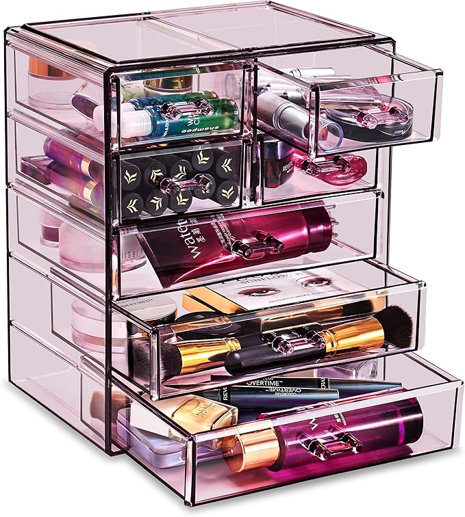 Sorbus Acrylic Makeup Organizer - Organization and Storage Case for Cosmetics Make Up & Jewelry - Big Clear Makeup Organizer for Vanity, Bathroom, College Dorm, Closet, Desk (3 Large, 4 Small Drawers)-FemmiqueWomen