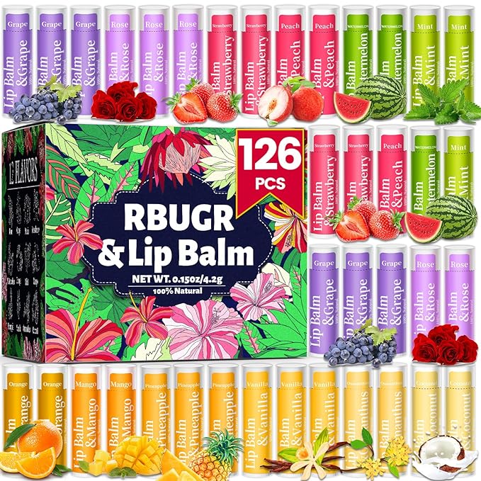 126 Pcs Lip Balm Bulk, 12 Flavored Pack of Lip Balms Natural Lip Balm Pack Moisturising Organic Lip Balm Set for Cracked Lips, Bulk Gifts Stocking Stuffers Party Favors(4.2g/0.15oz)-FemmiqueWomen